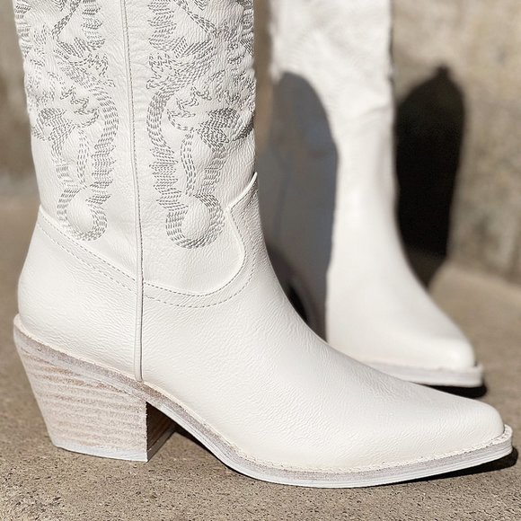 NEW White Cowboy Western Embroidered Stitch Pointy Toe Block Heel Mid Calf Boots - Picture 5 of 13
